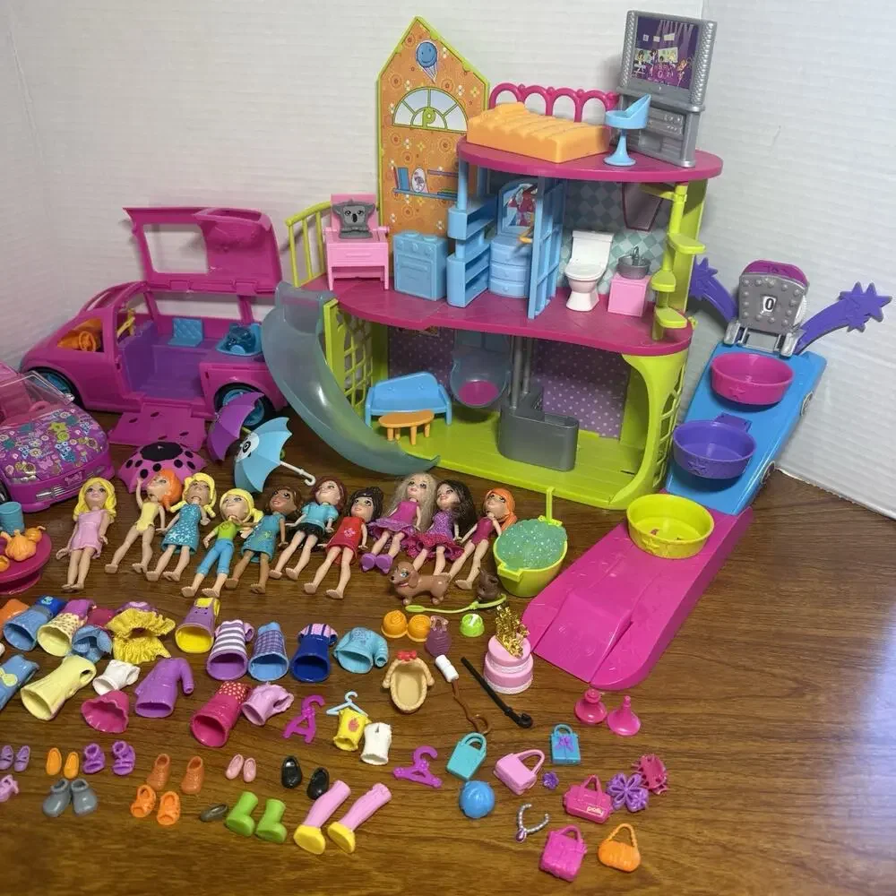 Huge LOT Polly Pocket Mixed Play Set Dolls Cars Furniture & Accessories